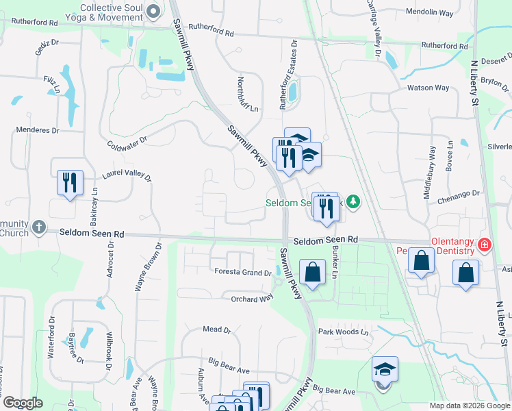 map of restaurants, bars, coffee shops, grocery stores, and more near 3628 Niblick Place in Powell