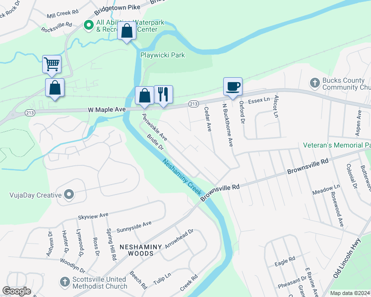 map of restaurants, bars, coffee shops, grocery stores, and more near 237 Wisteria Avenue in Langhorne