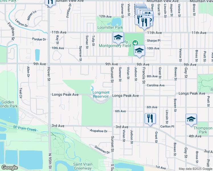 map of restaurants, bars, coffee shops, grocery stores, and more near 2 Sunset Circle in Longmont