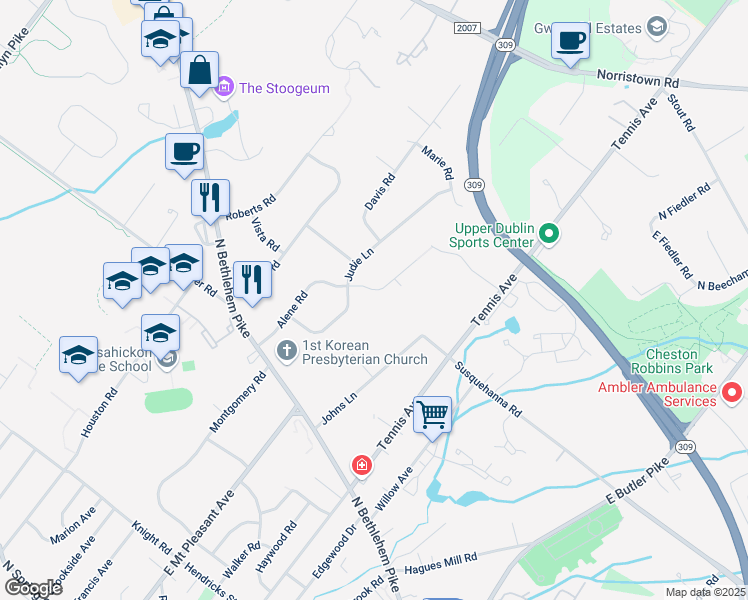 map of restaurants, bars, coffee shops, grocery stores, and more near 804 Alene Rd in Ambler
