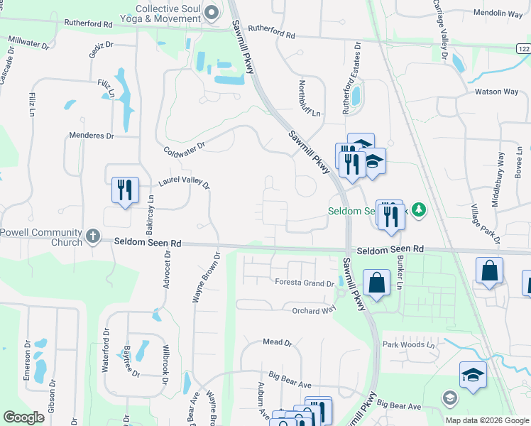 map of restaurants, bars, coffee shops, grocery stores, and more near 8848 Linksway Drive in Powell