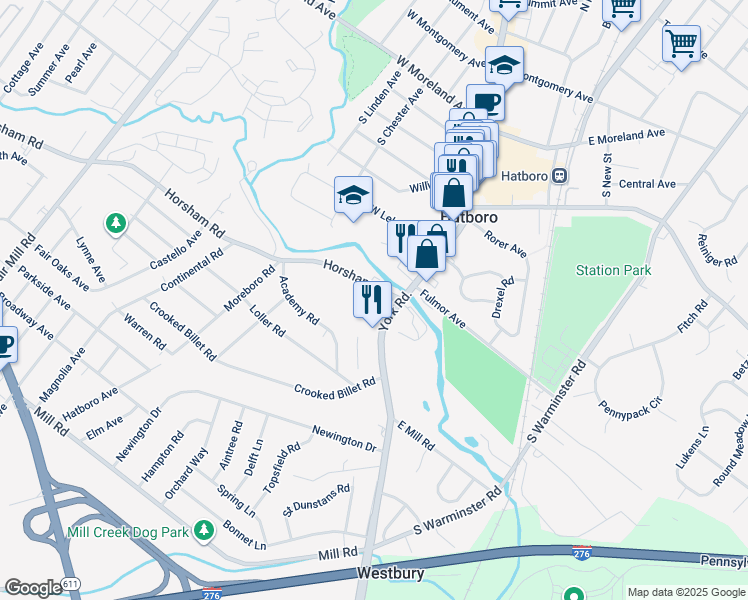 map of restaurants, bars, coffee shops, grocery stores, and more near 412 South York Road in Hatboro