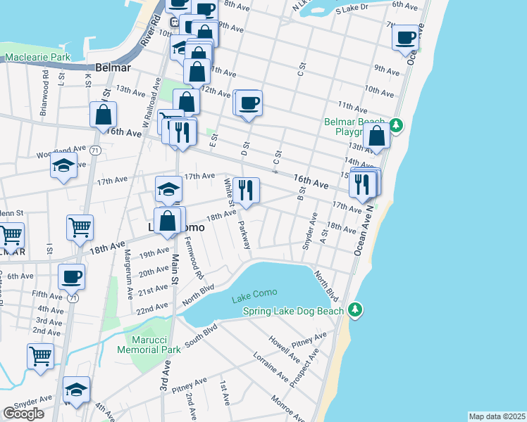 map of restaurants, bars, coffee shops, grocery stores, and more near 403 18th Avenue in Belmar