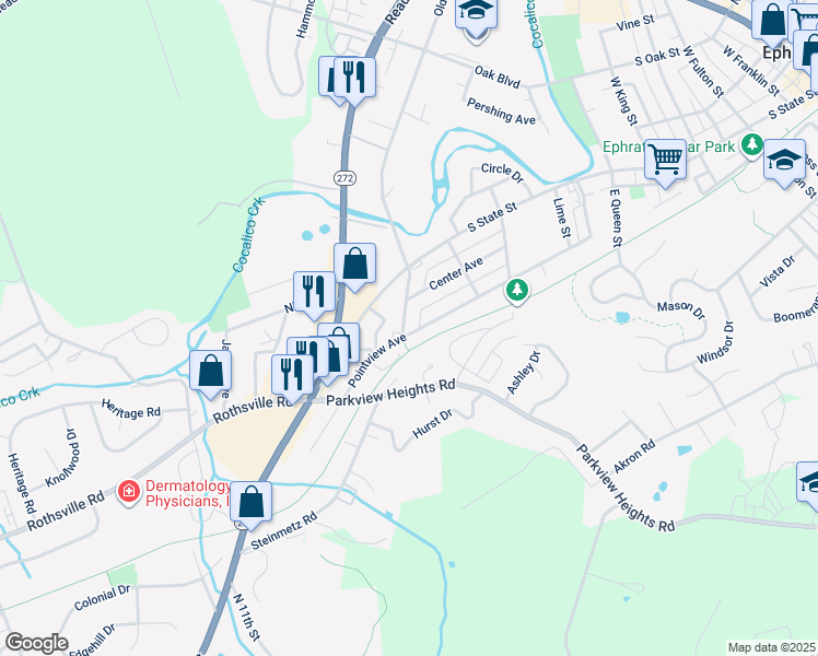 map of restaurants, bars, coffee shops, grocery stores, and more near 887 Pointview Avenue in Ephrata