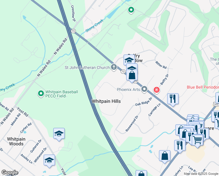 map of restaurants, bars, coffee shops, grocery stores, and more near 409 Whitpain Hls in Blue Bell