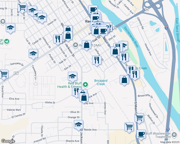 map of restaurants, bars, coffee shops, grocery stores, and more near 725 Ash Street in Red Bluff