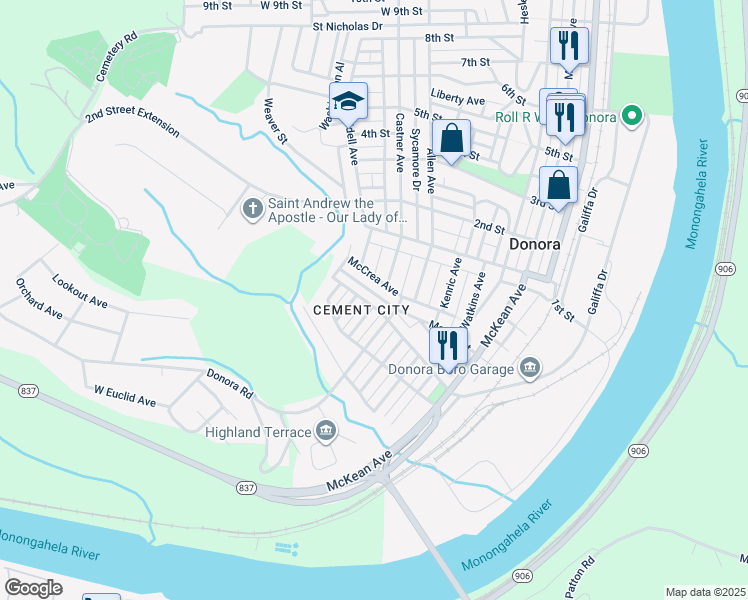 map of restaurants, bars, coffee shops, grocery stores, and more near 702 Walnut Street in Donora