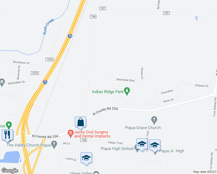 map of restaurants, bars, coffee shops, grocery stores, and more near 2144 Navajo Trail in Piqua