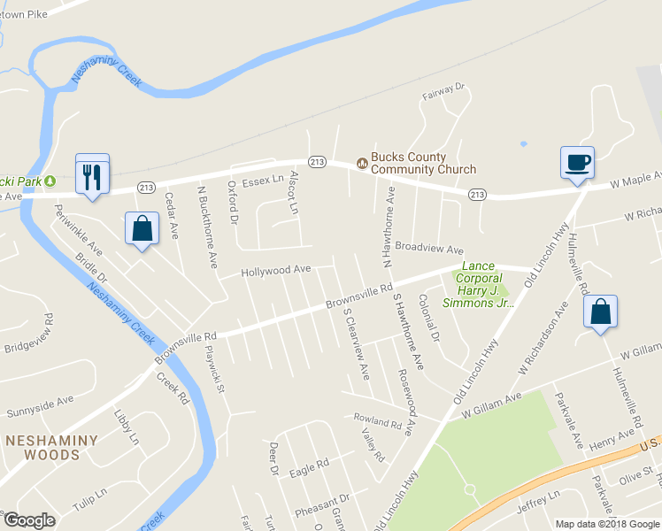 map of restaurants, bars, coffee shops, grocery stores, and more near 1359 Hollywood Avenue in Langhorne