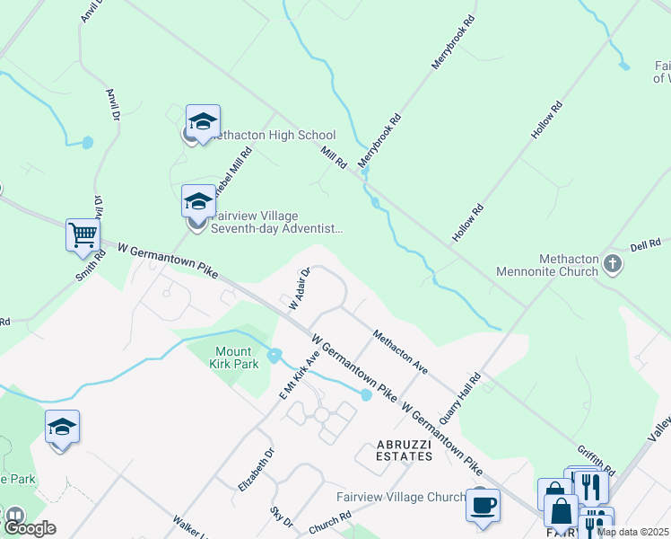 map of restaurants, bars, coffee shops, grocery stores, and more near 23 West Adair Drive in Norristown