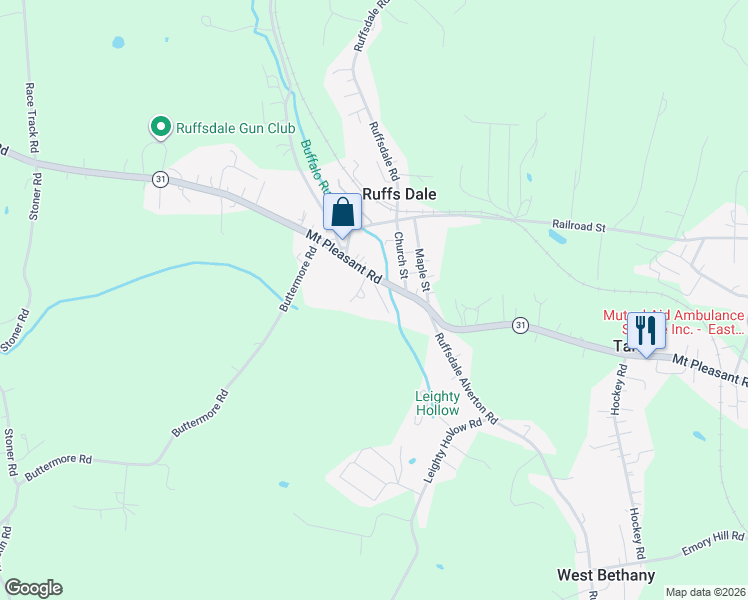 map of restaurants, bars, coffee shops, grocery stores, and more near 110 Barber Shop Alley in Ruffs Dale
