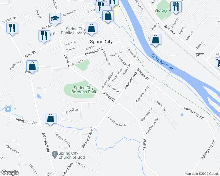 map of restaurants, bars, coffee shops, grocery stores, and more near 405 Walnut Street in Spring City