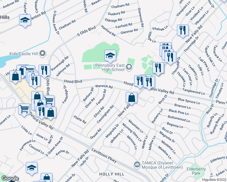 map of restaurants, bars, coffee shops, grocery stores, and more near 500 Elford Road in Fairless Hills