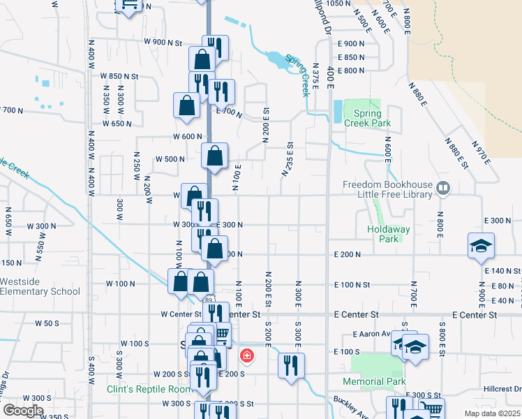 map of restaurants, bars, coffee shops, grocery stores, and more near 355 North 200 East Street in Springville