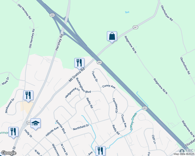 map of restaurants, bars, coffee shops, grocery stores, and more near 81 Tower Drive in Elizabethtown