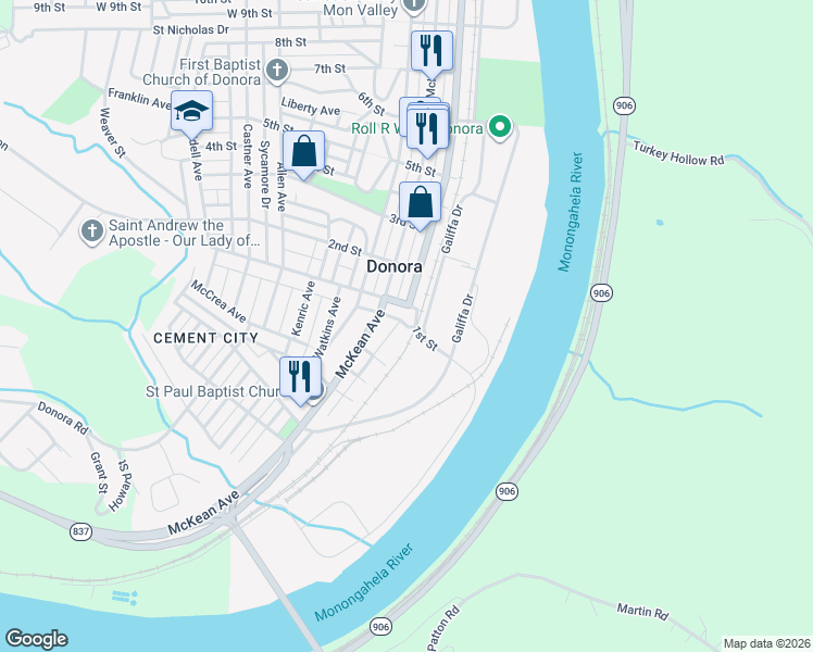 map of restaurants, bars, coffee shops, grocery stores, and more near 105 1st Street in Donora