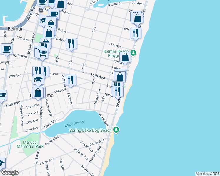map of restaurants, bars, coffee shops, grocery stores, and more near 115 17th Avenue in Belmar