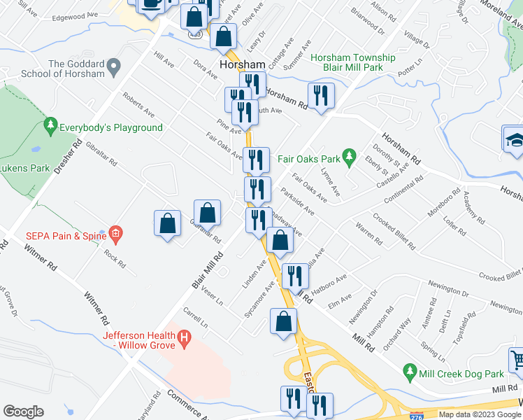 map of restaurants, bars, coffee shops, grocery stores, and more near 2819 Easton Road in Willow Grove