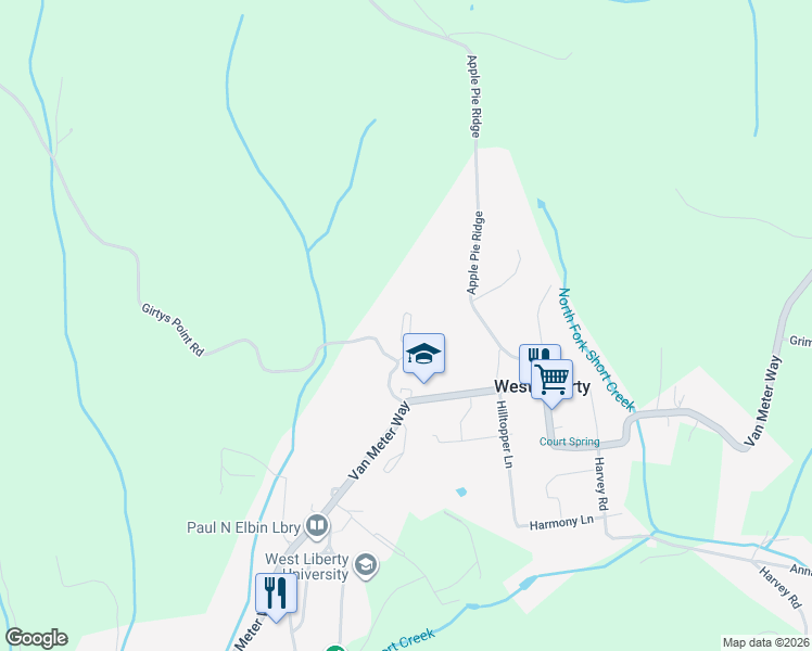 map of restaurants, bars, coffee shops, grocery stores, and more near 4307 Girtys Point Road in West Liberty