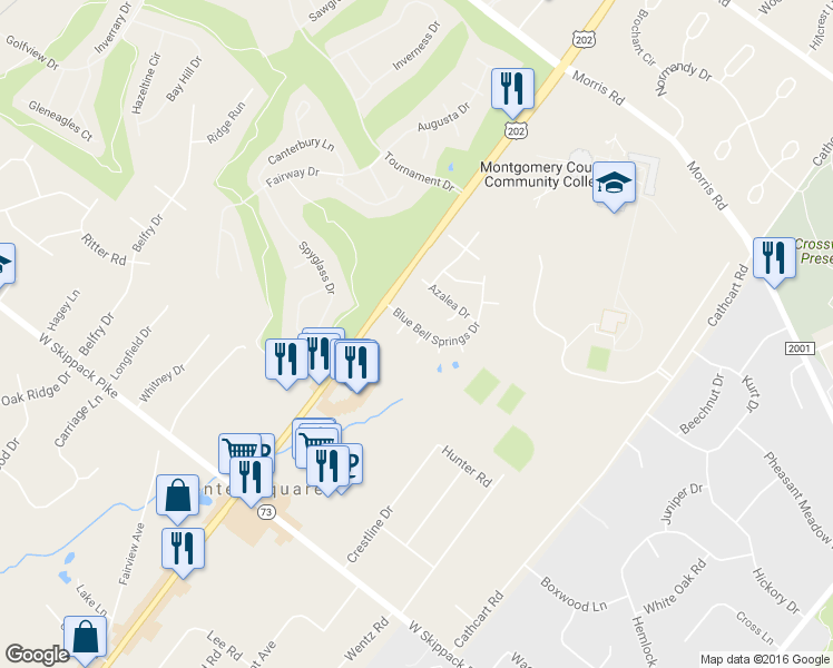 map of restaurants, bars, coffee shops, grocery stores, and more near 634 Aster Place in Blue Bell