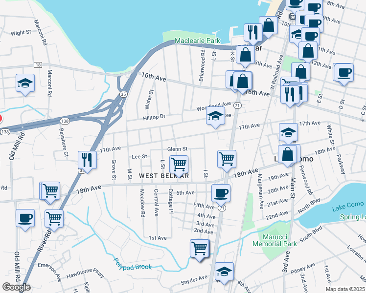 map of restaurants, bars, coffee shops, grocery stores, and more near 1016 Glenn St in Wall Township