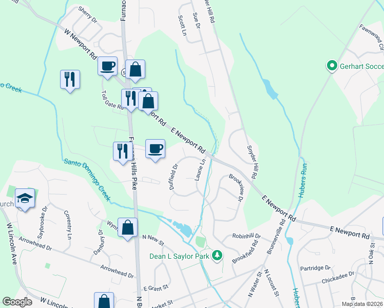 map of restaurants, bars, coffee shops, grocery stores, and more near 47 Duffield Drive in Lititz