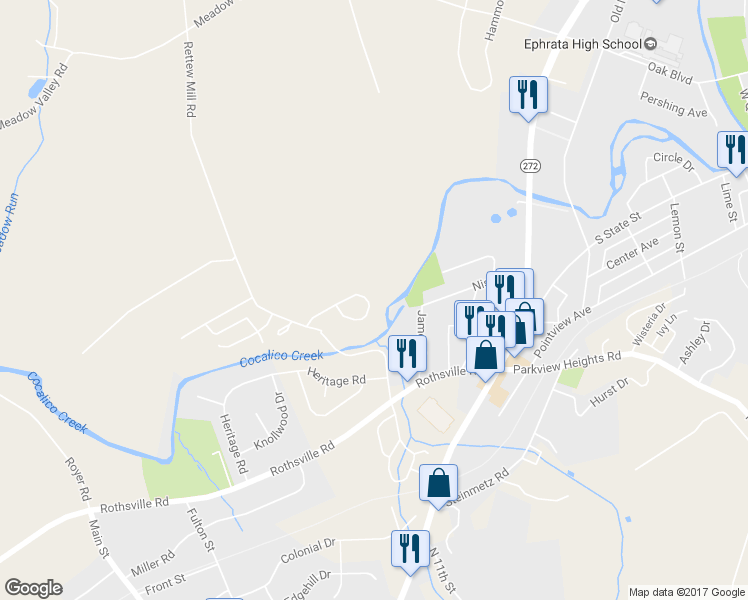 map of restaurants, bars, coffee shops, grocery stores, and more near 61 Hilldale Drive in Ephrata