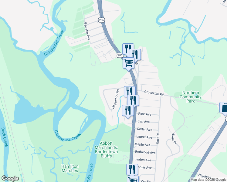 map of restaurants, bars, coffee shops, grocery stores, and more near 25 Linden Road in Fieldsboro