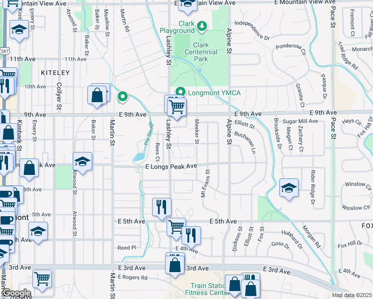 map of restaurants, bars, coffee shops, grocery stores, and more near 225 East 8th Avenue in Longmont
