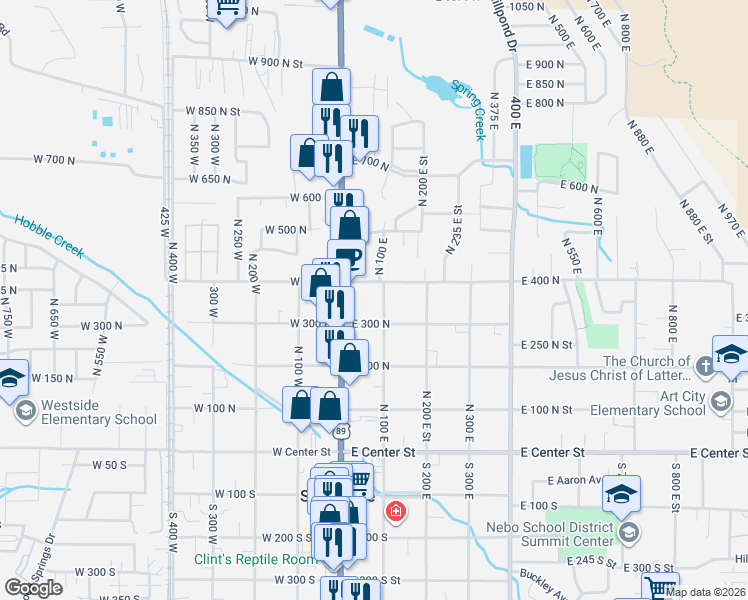 map of restaurants, bars, coffee shops, grocery stores, and more near 375 North 100 West in Springville