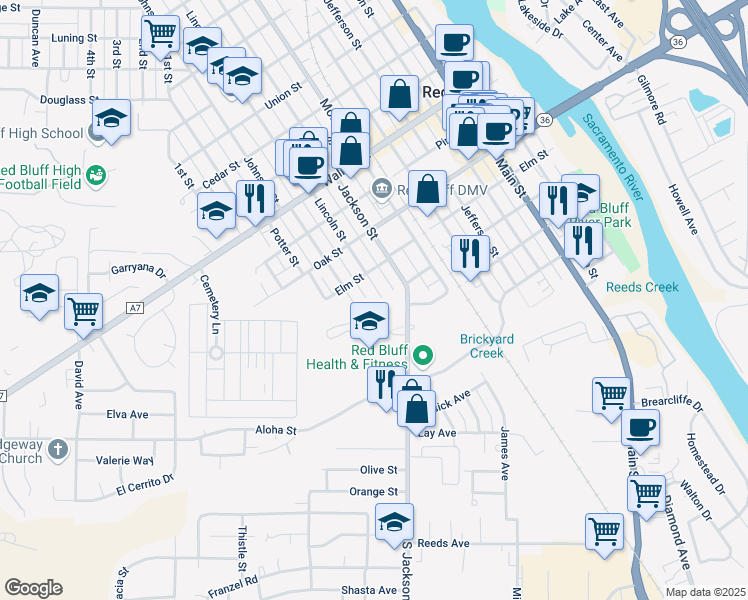 map of restaurants, bars, coffee shops, grocery stores, and more near 371 Lincoln Street in Red Bluff