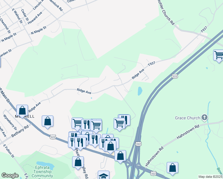 map of restaurants, bars, coffee shops, grocery stores, and more near 239 Ridge Avenue in Ephrata