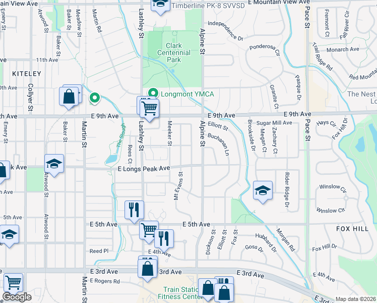 map of restaurants, bars, coffee shops, grocery stores, and more near 720 Hilltop Street in Longmont