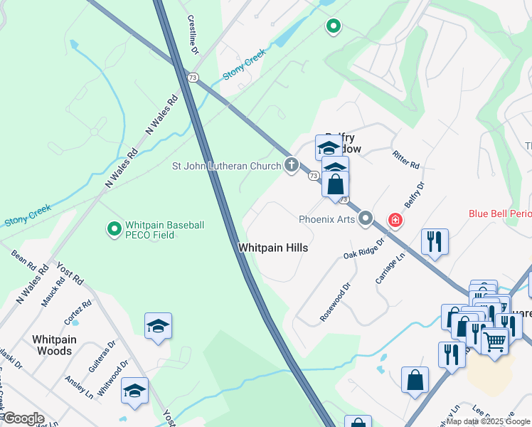 map of restaurants, bars, coffee shops, grocery stores, and more near 505 Whitpain Hills in Blue Bell