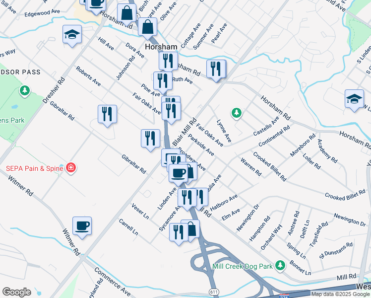 map of restaurants, bars, coffee shops, grocery stores, and more near 2801 Broadway Avenue in Hatboro