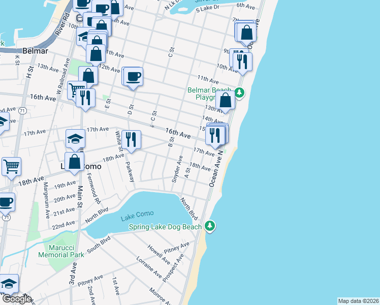 map of restaurants, bars, coffee shops, grocery stores, and more near 115 17th Avenue in Belmar