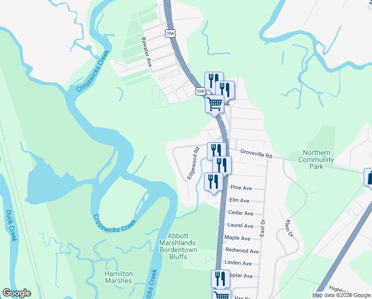 map of restaurants, bars, coffee shops, grocery stores, and more near 25 Linden Road in Fieldsboro
