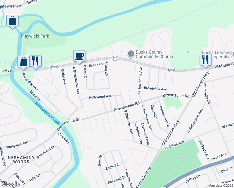 map of restaurants, bars, coffee shops, grocery stores, and more near 1359 Hollywood Avenue in Langhorne