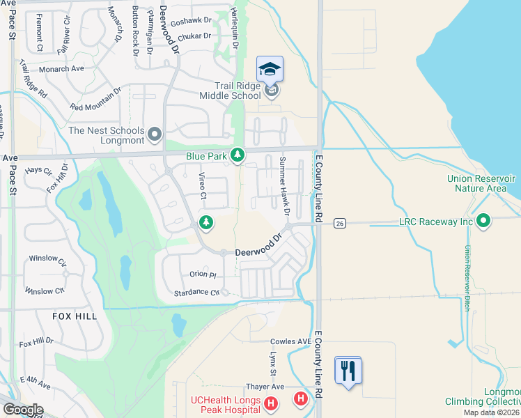 map of restaurants, bars, coffee shops, grocery stores, and more near 500 Deerwood Drive in Longmont