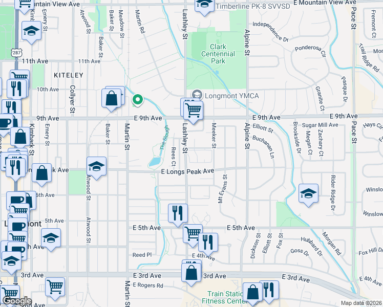 map of restaurants, bars, coffee shops, grocery stores, and more near 733 Lashley Street in Longmont