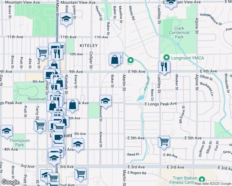map of restaurants, bars, coffee shops, grocery stores, and more near 728 Baker Street in Longmont