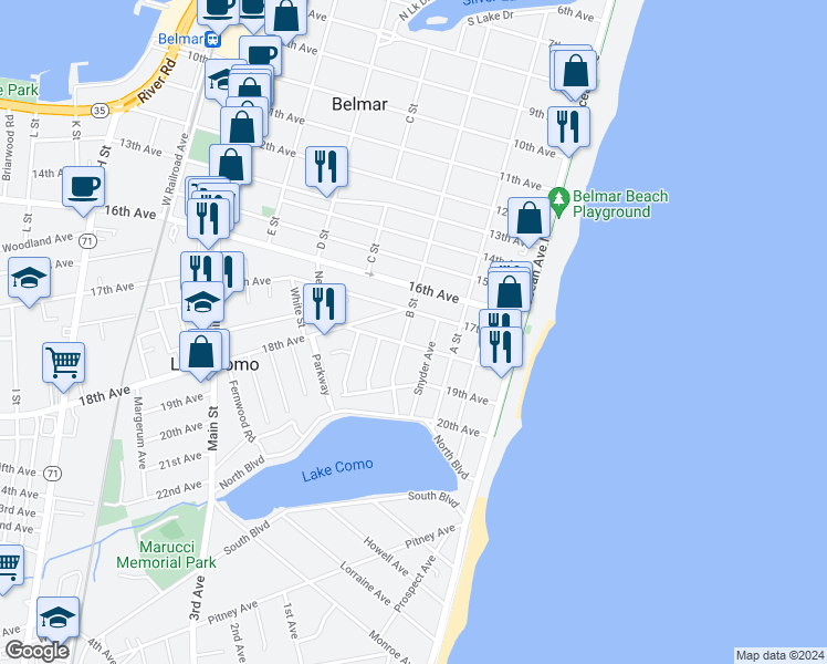 map of restaurants, bars, coffee shops, grocery stores, and more near 1707 Snyder Avenue in Belmar