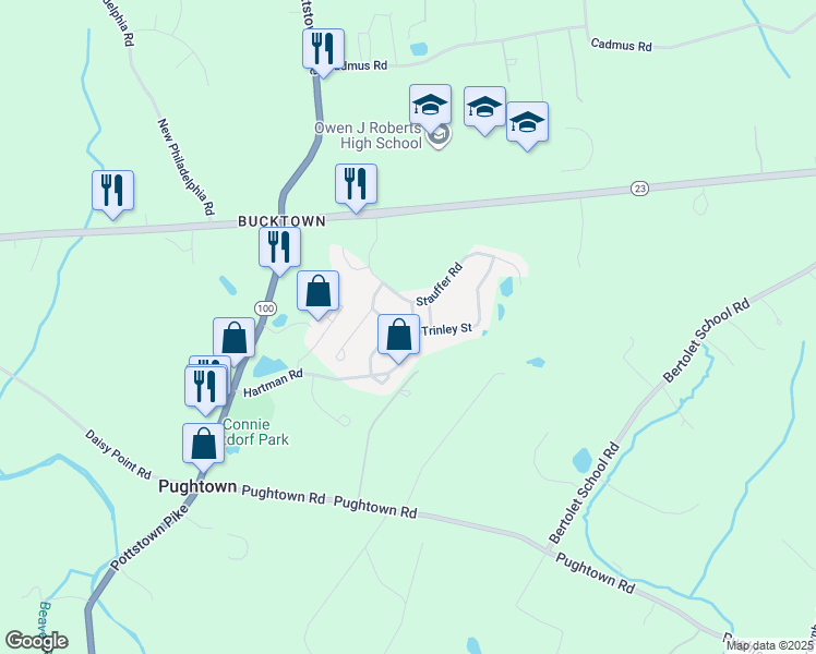 map of restaurants, bars, coffee shops, grocery stores, and more near 106 Stockton Square in Pottstown