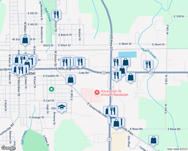 map of restaurants, bars, coffee shops, grocery stores, and more near 768 East Washington Street in Winchester
