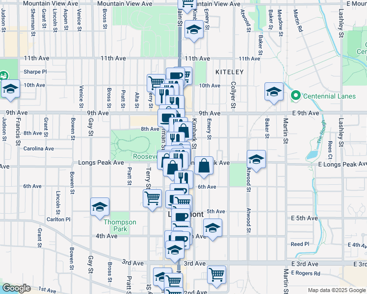 map of restaurants, bars, coffee shops, grocery stores, and more near 720 Main Street in Longmont