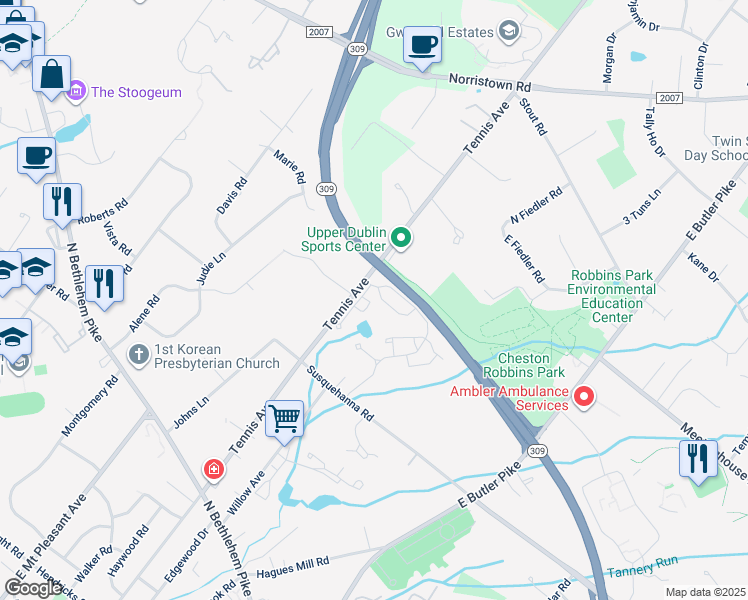map of restaurants, bars, coffee shops, grocery stores, and more near 2905 Shawnee Green in Ambler