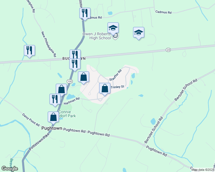 map of restaurants, bars, coffee shops, grocery stores, and more near 106 Stockton Square in Pottstown