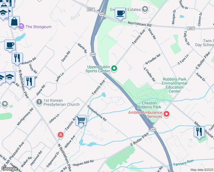map of restaurants, bars, coffee shops, grocery stores, and more near 2905 Shawnee Green in Ambler