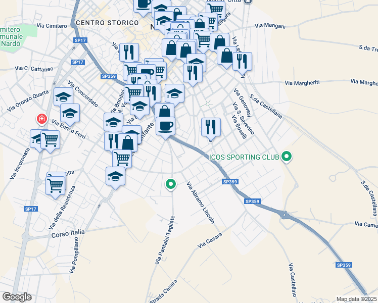 map of restaurants, bars, coffee shops, grocery stores, and more near 46 Via XXV Luglio in Nardò