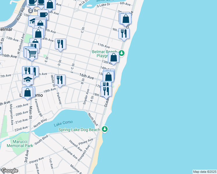 map of restaurants, bars, coffee shops, grocery stores, and more near 1607 Ocean Avenue in Belmar